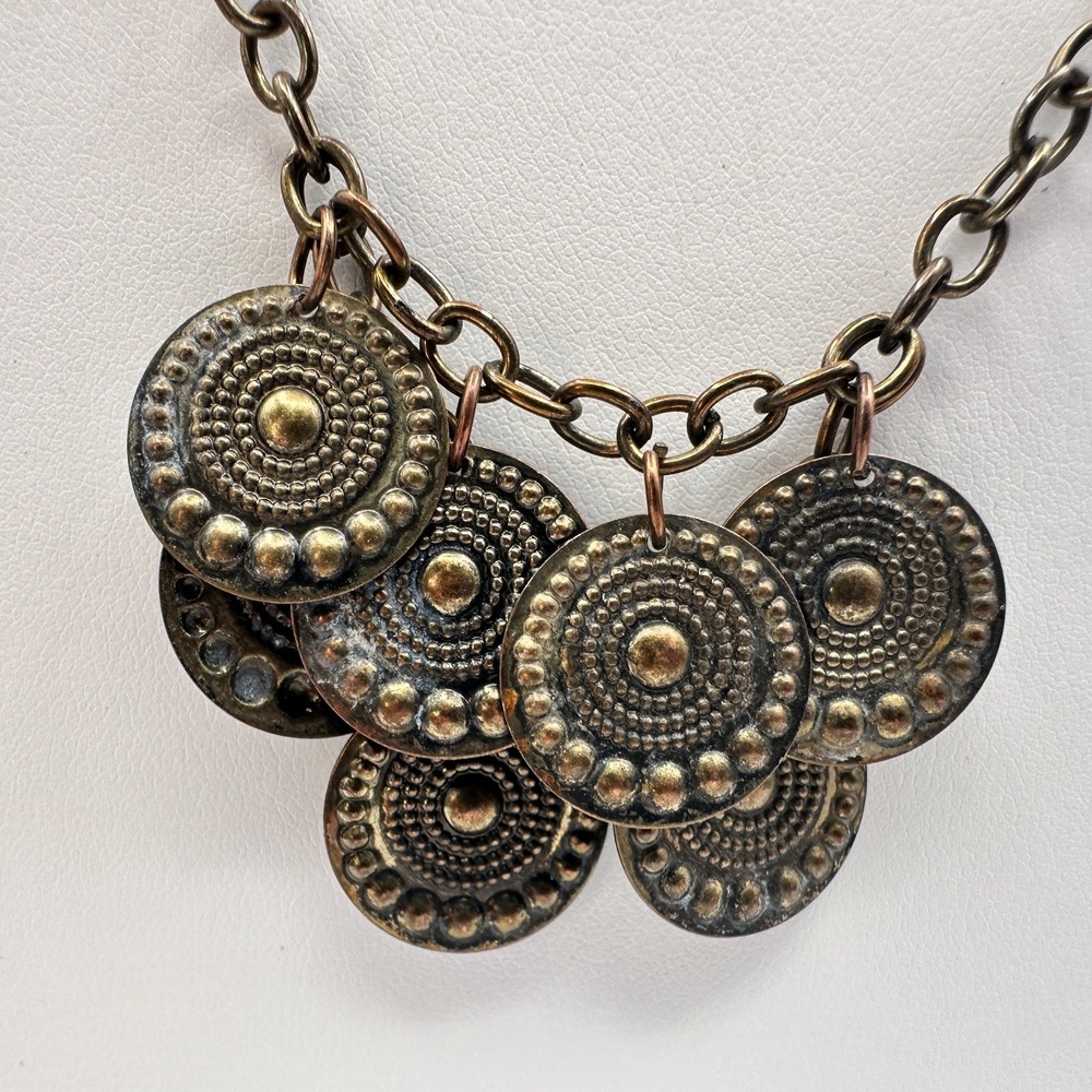 Vintage 70s Bronze Tone Tribal Coin Medallion Chain Hook Dangle Necklace Jewelry